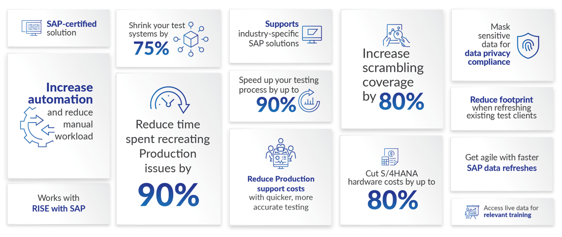 Data Sync Manager (DSM) is an automated SAP-certified solution which Works with RISE with SAP. Cut S/4HANA hardware costs by up to 80%. Shrink your test systems by 75%. Increase scrambling coverage by 80%. Speed up your testing process by up to 90%.