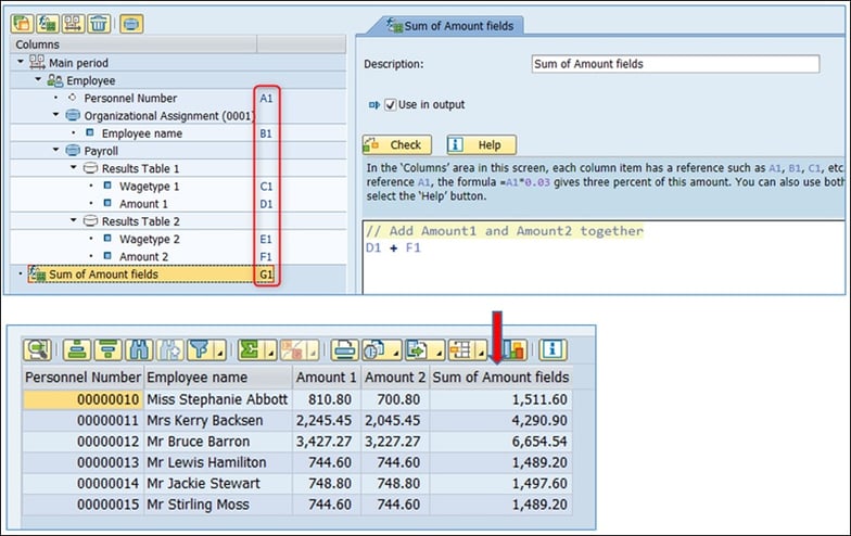 Example 1. Writing formulas is simplified by using field labels within the Formula Builder. This very simple formula is adding D1 (Amount1) and F1 (Amount2)