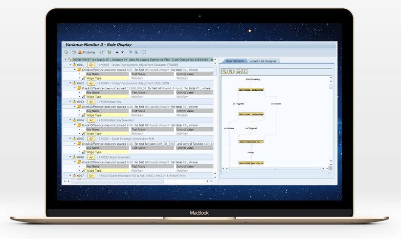 Using Variance Monitor, we were able to assist independent auditors to set up comparisons with triggered rule networks that compares the legacy system’s payroll results from a file, to either simulated or generated SAP Payroll Results from the RQ Cluster.