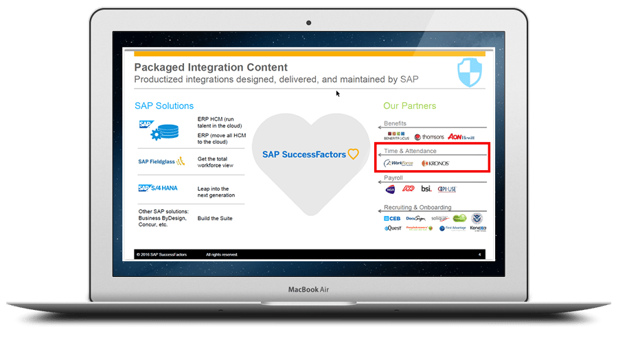 Time Management as part of Employee Central is a pivot for SAP SuccessFactors, who initially recommended that the best path for time in the new landscape would be to leverage partners as described graphically below.